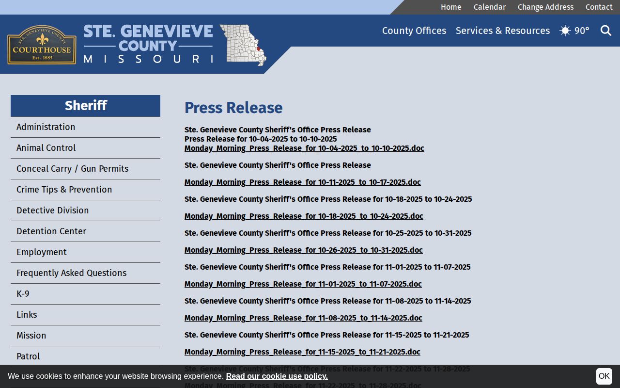 Ste. Genevieve County Sheriff weekly arrest and booking press release archive
