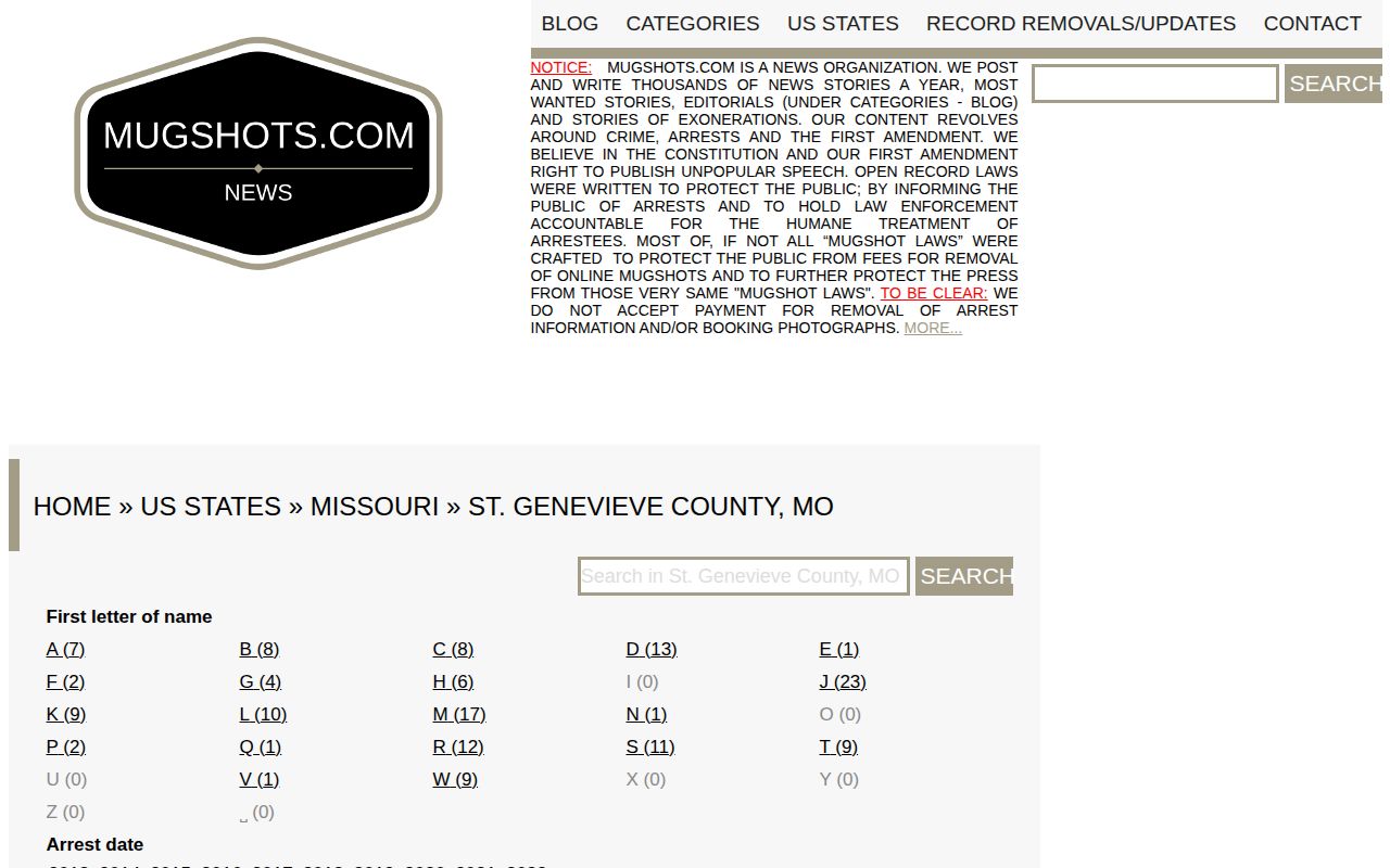 Unofficial Ste. Genevieve County mugshot records index requiring official verification